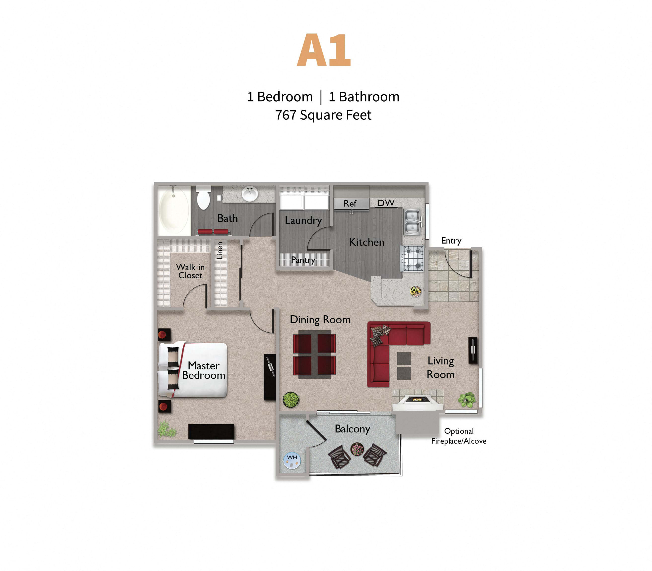 Floor plan for 1 bed, 1 bath, 767 sqft